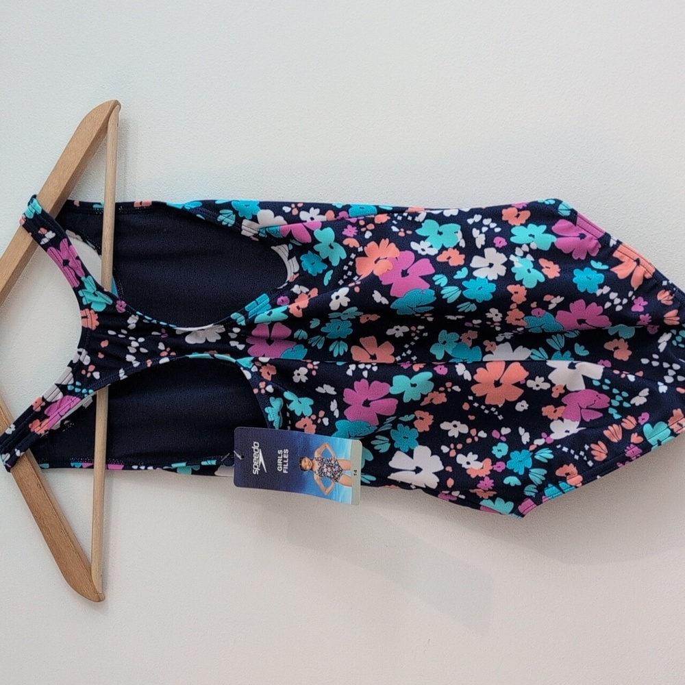 Speedo Navy Floral One Piece Racer Back Full Bottom Swimsuit Size 14. NWT - Picture 4 of 7